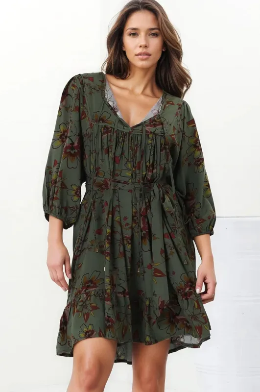 French Mini Dress - Yoke Neckline Dress with Matching Belt in Esme Print sold by Salty Crush