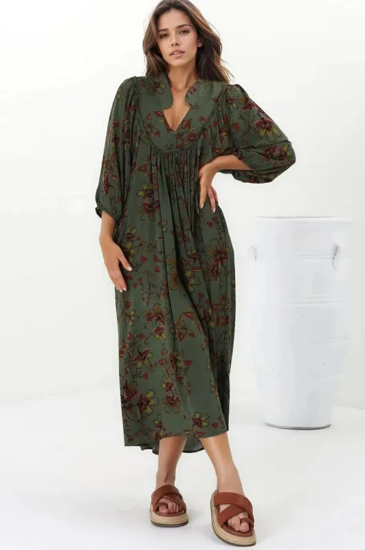 Boheme Midi Dress - Piping Defined Bust Slimline Smock Dress In Esme Print sold by Salty Crush