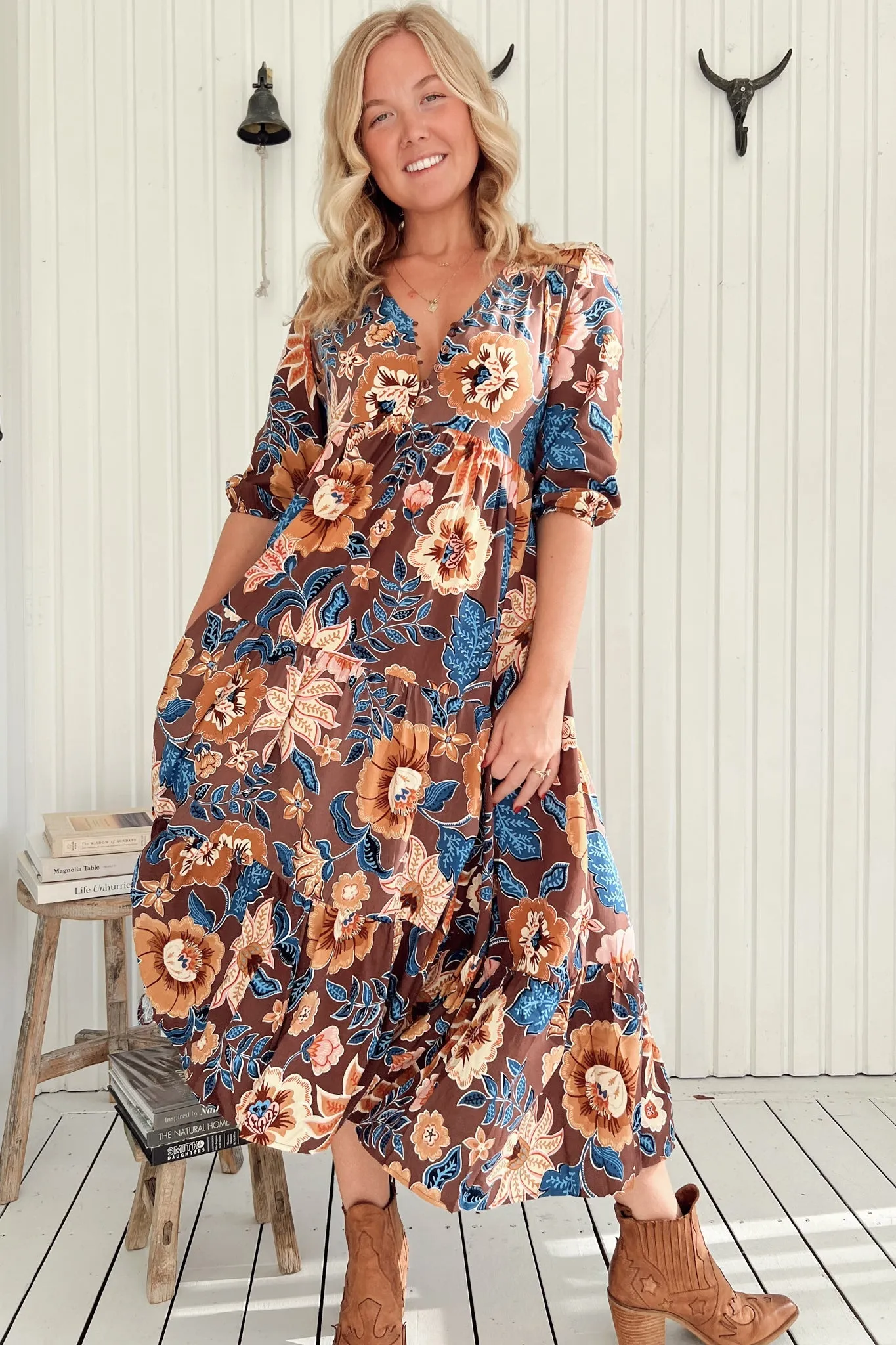Eve Midi Dress - V Neck Tiered Dress with Option Waist Tie in Tierra Print sold by Salty Crush