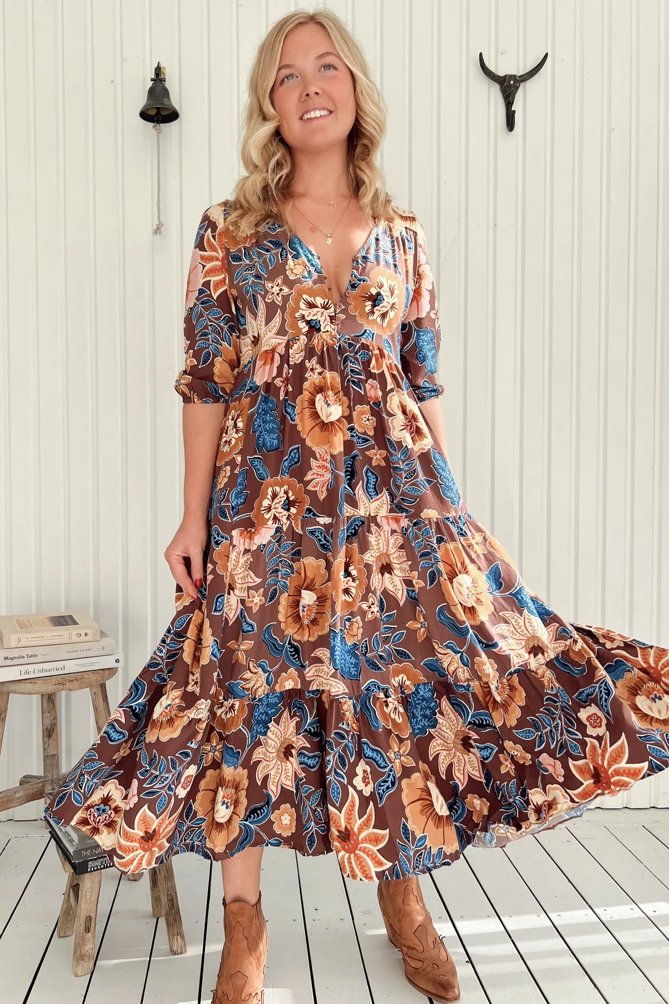 Eve Midi Dress - V Neck Tiered Dress with Option Waist Tie in Tierra Print sold by Salty Crush product image thumbnail 2