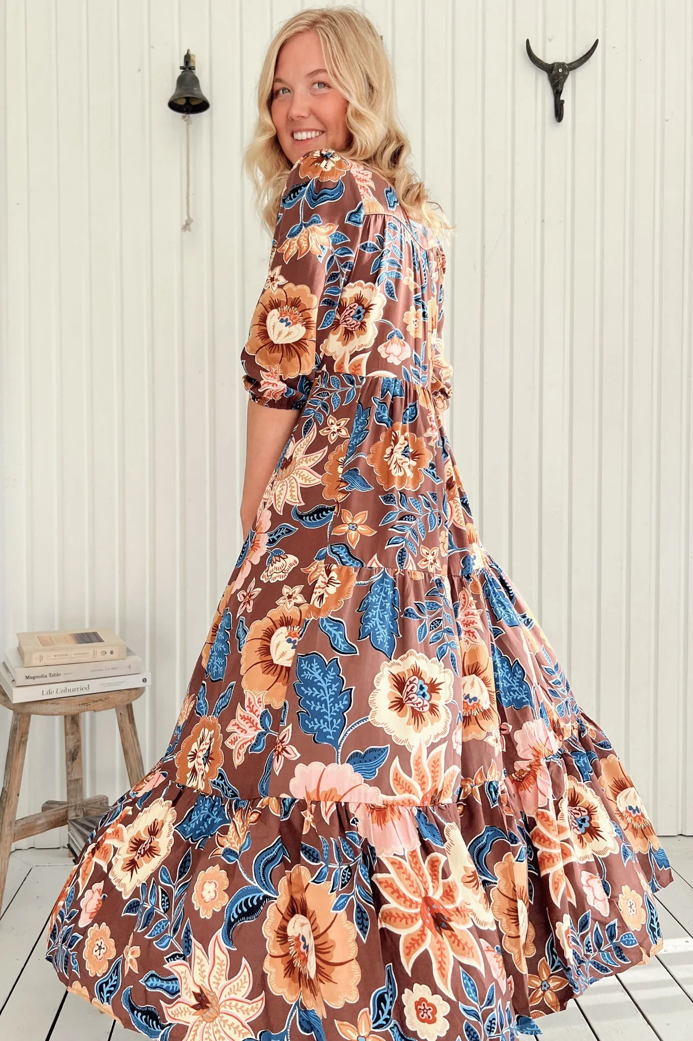 Eve Midi Dress - V Neck Tiered Dress with Option Waist Tie in Tierra Print sold by Salty Crush product image thumbnail 5