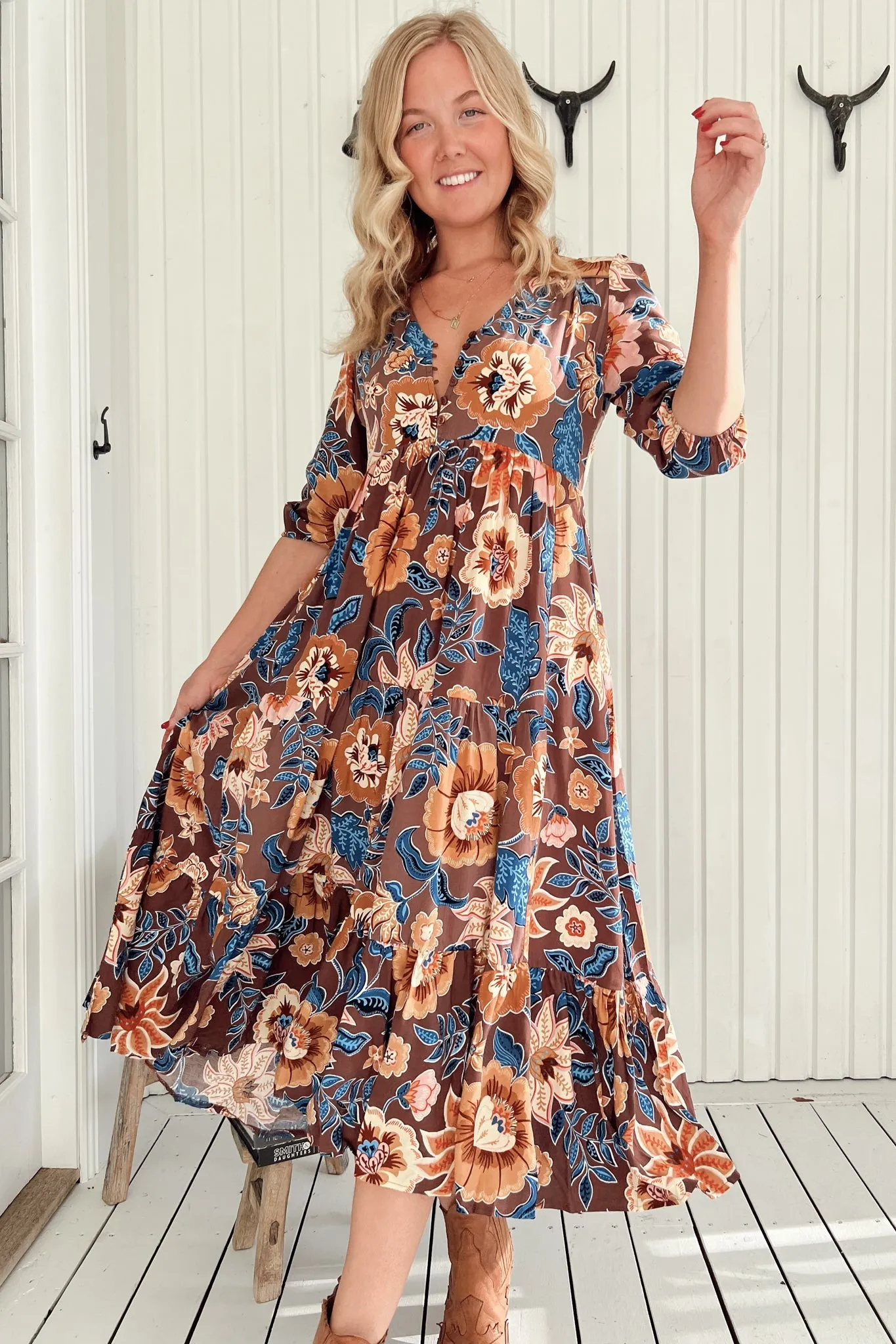 Eve Midi Dress - V Neck Tiered Dress with Option Waist Tie in Tierra Print sold by Salty Crush product image thumbnail 3