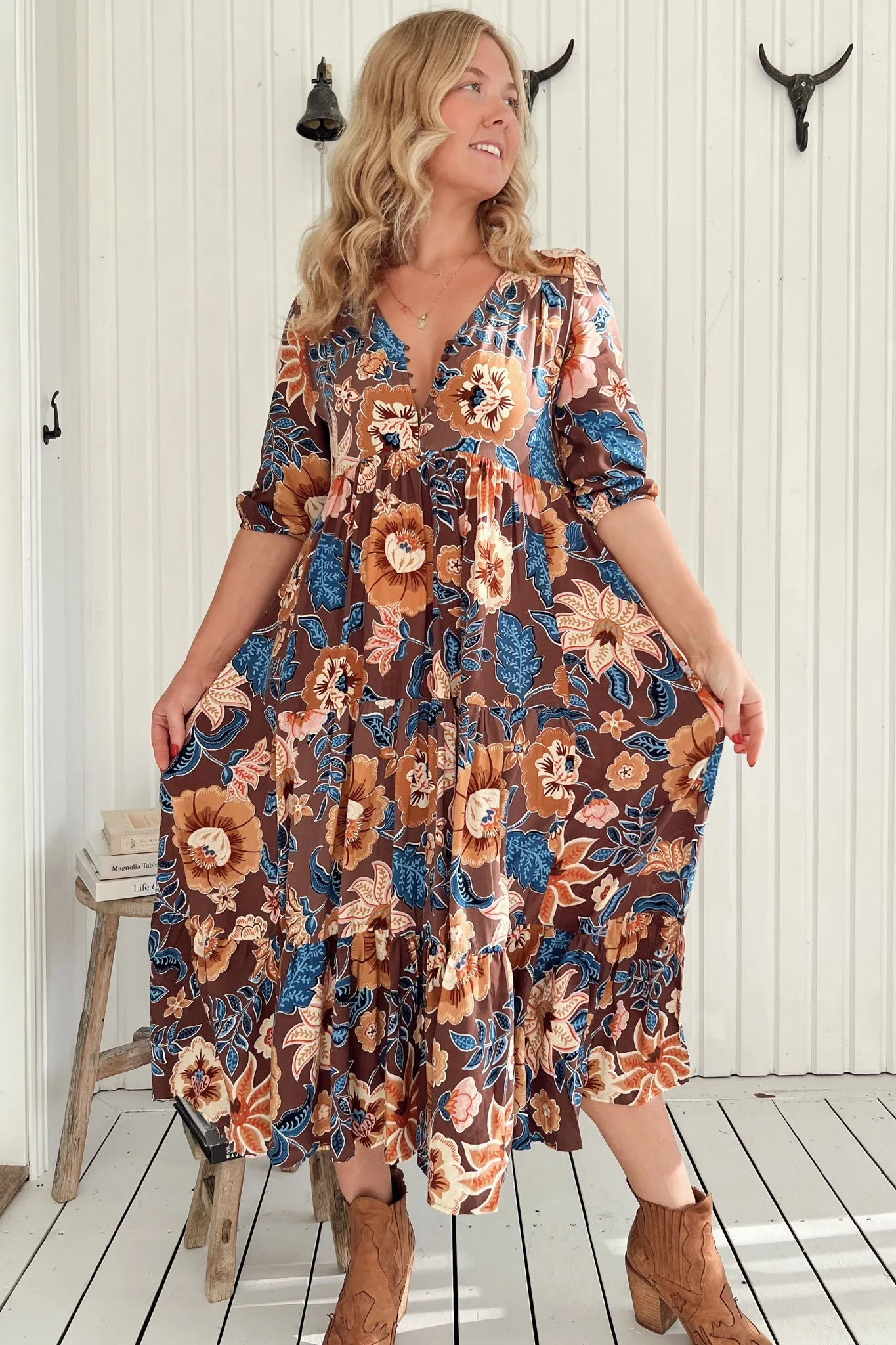 Eve Midi Dress - V Neck Tiered Dress with Option Waist Tie in Tierra Print sold by Salty Crush product image thumbnail 4