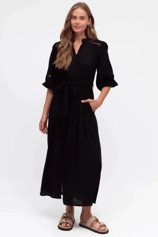 Pennelope Midi Dress - Mandarin Collar Lattice Detailing Dress with Belt in Black sold by Salty Crush