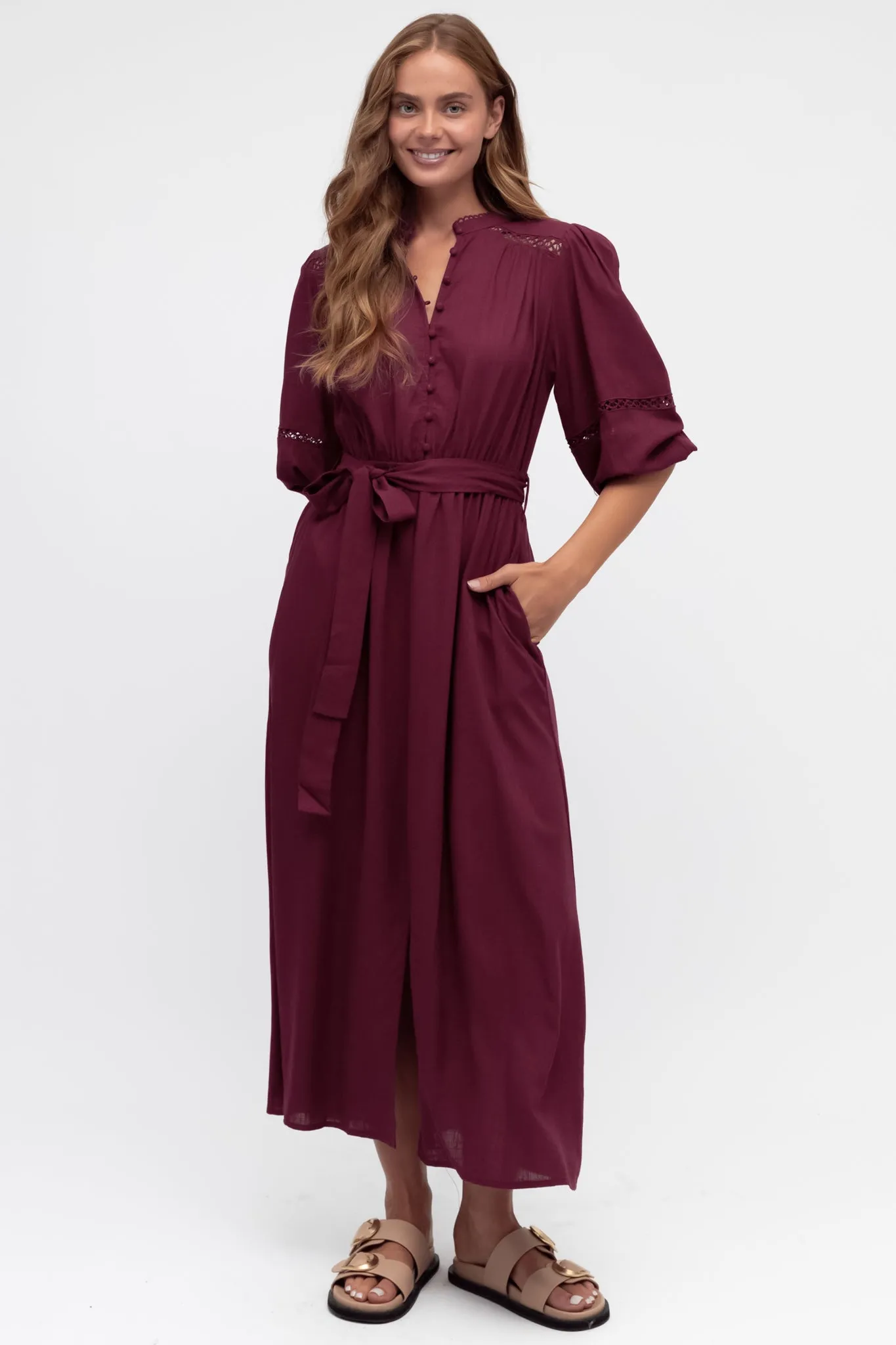 Pennelope Midi Dress - Mandarin Collar Lattice Detailing Dress with Belt in Berry sold by Salty Crush