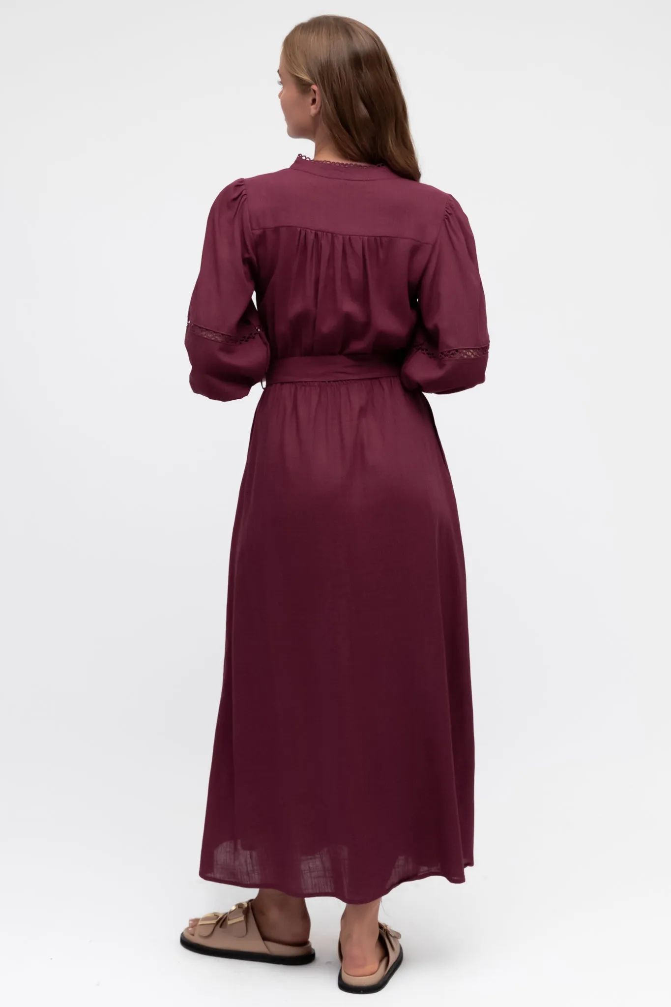 Pennelope Midi Dress - Mandarin Collar Lattice Detailing Dress with Belt in Berry sold by Salty Crush product image thumbnail 3
