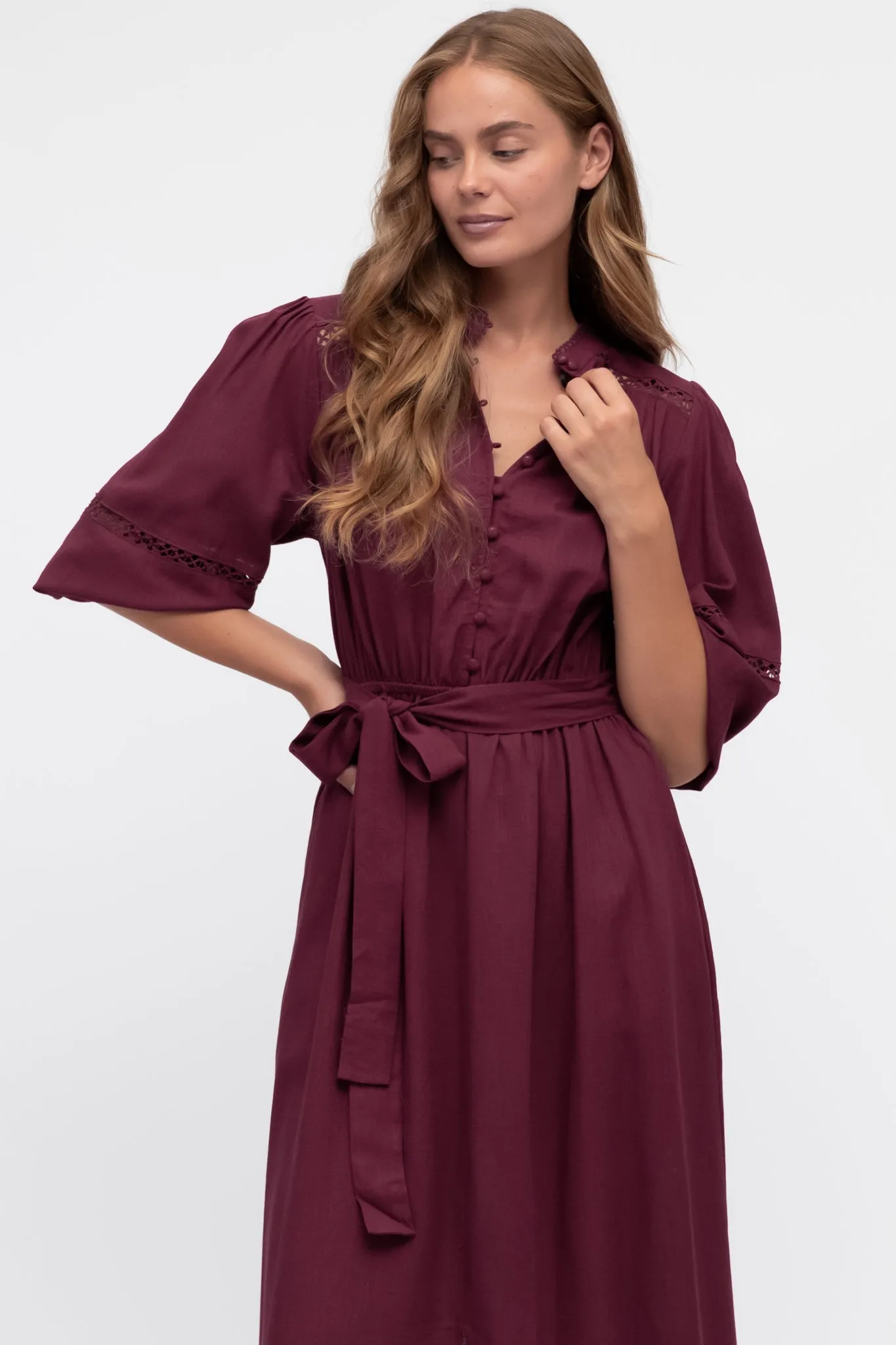 Pennelope Midi Dress - Mandarin Collar Lattice Detailing Dress with Belt in Berry sold by Salty Crush product image thumbnail 4