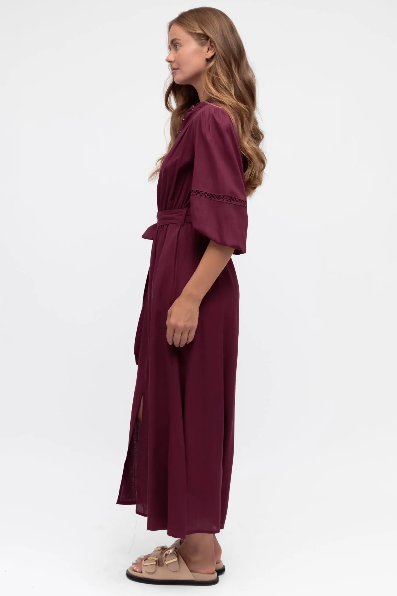 Pennelope Midi Dress - Mandarin Collar Lattice Detailing Dress with Belt in Berry sold by Salty Crush product image thumbnail 2