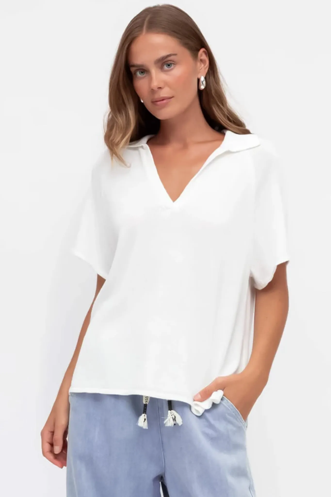 Hayes Knit Top - Relaxed Collared V Neck Knit Top in White sold by Salty Crush