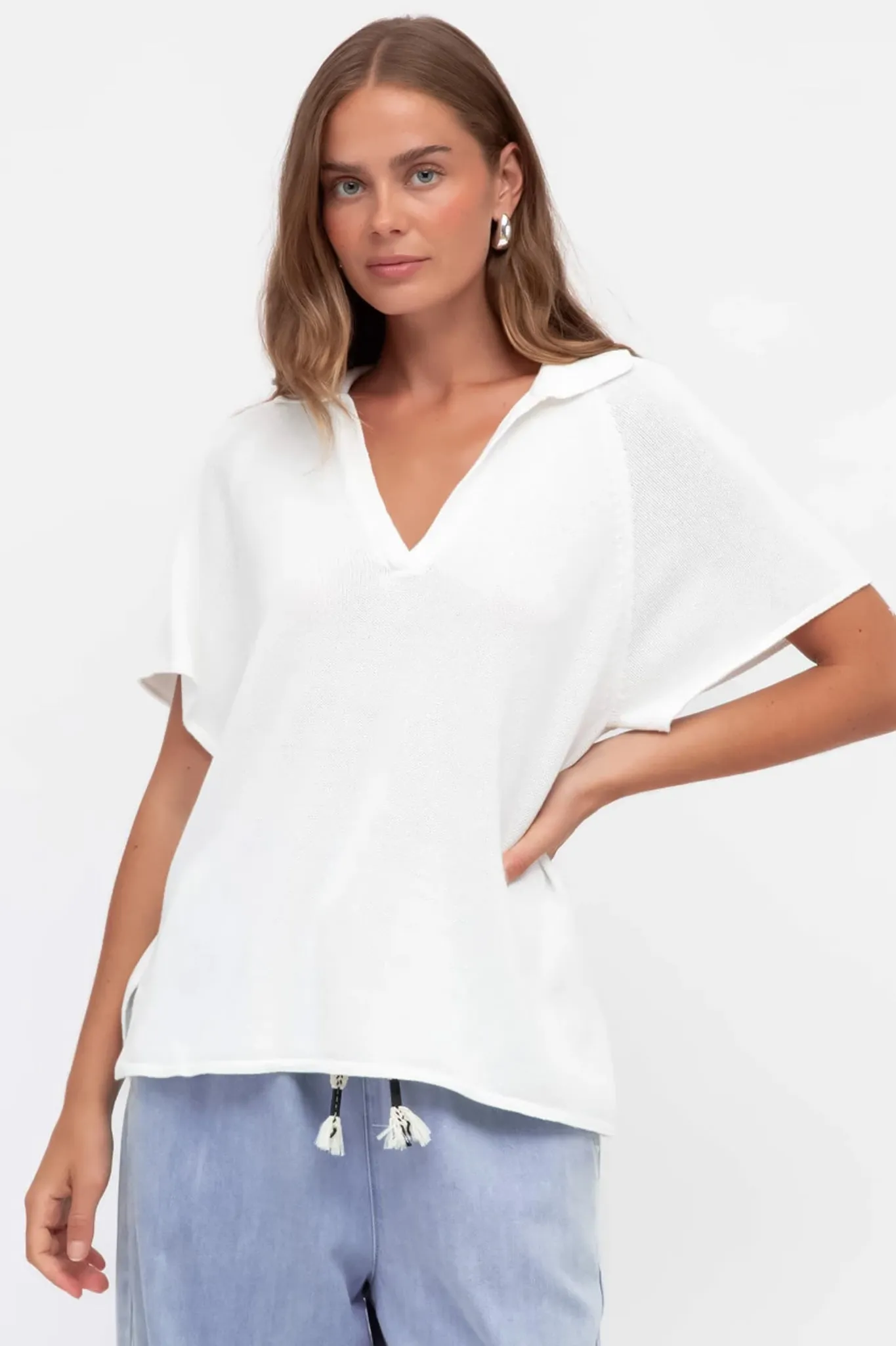 Hayes Knit Top - Relaxed Collared V Neck Knit Top in White sold by Salty Crush product image thumbnail 2