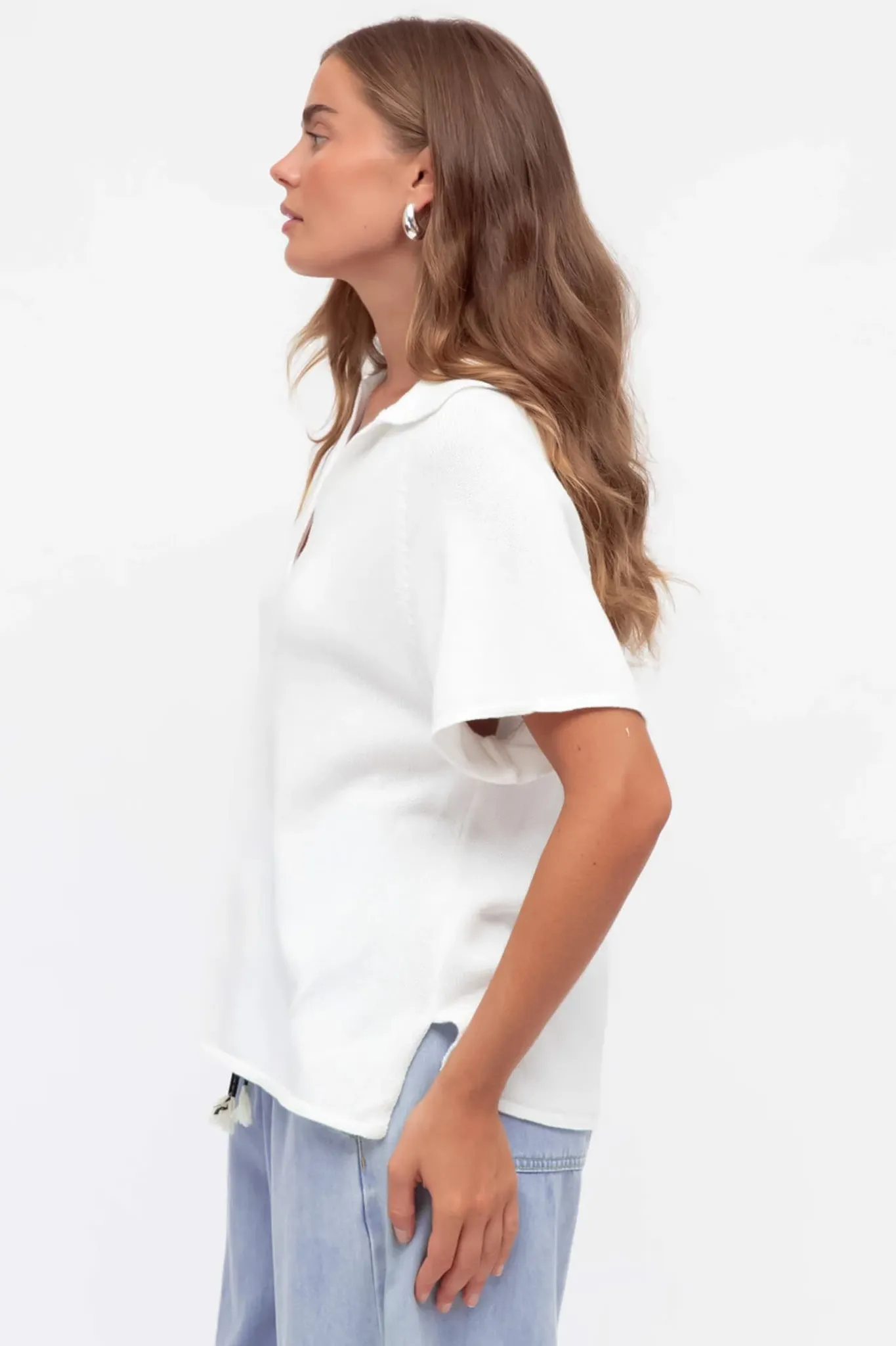 Hayes Knit Top - Relaxed Collared V Neck Knit Top in White sold by Salty Crush product image thumbnail 3