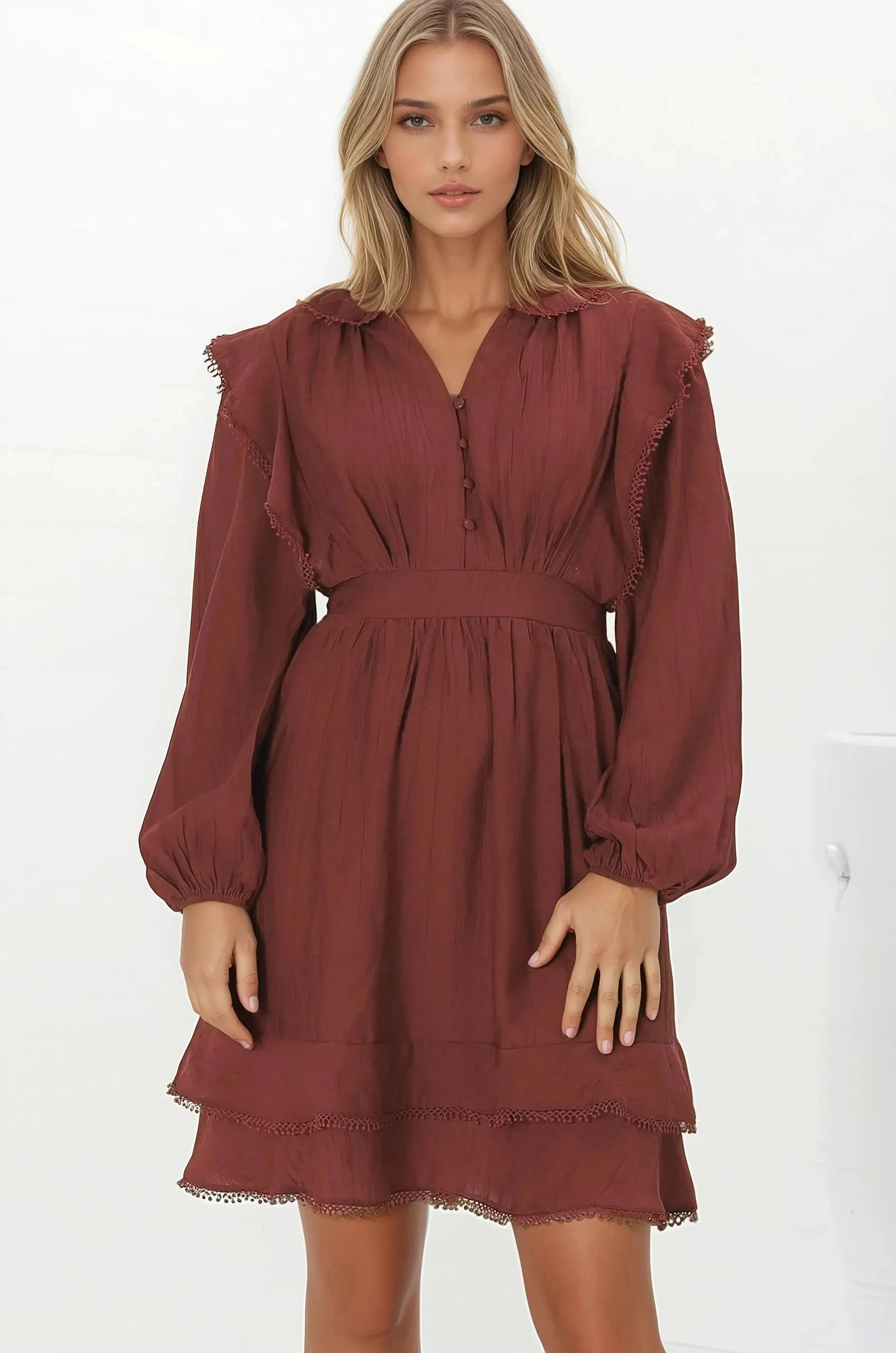 Ophilia Mini Dress - Frill Detailed A-Line Dress with Balloon Sleeves in Wine sold by Salty Crush product image thumbnail 5