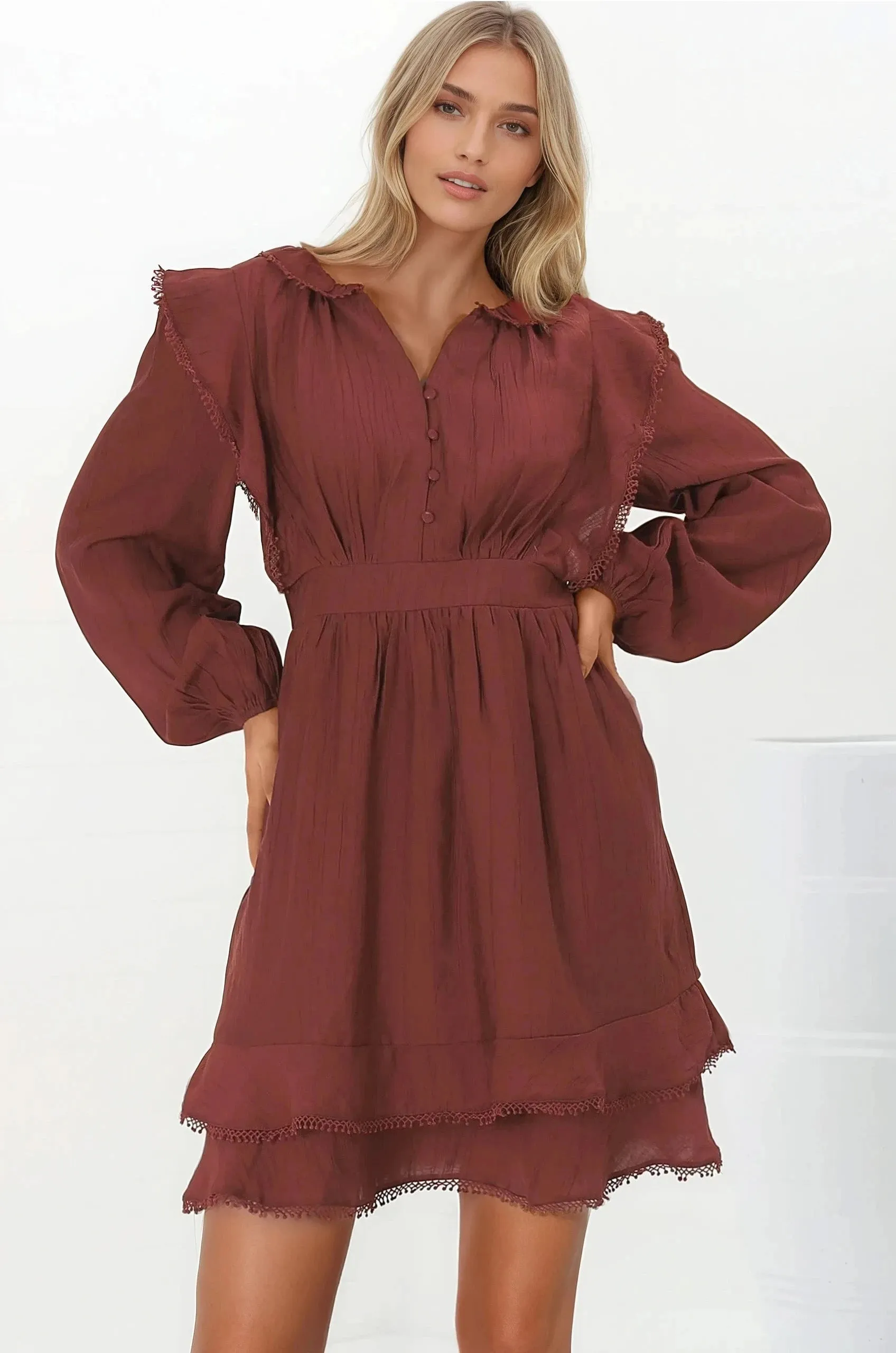 Ophilia Mini Dress - Frill Detailed A-Line Dress with Balloon Sleeves in Wine sold by Salty Crush