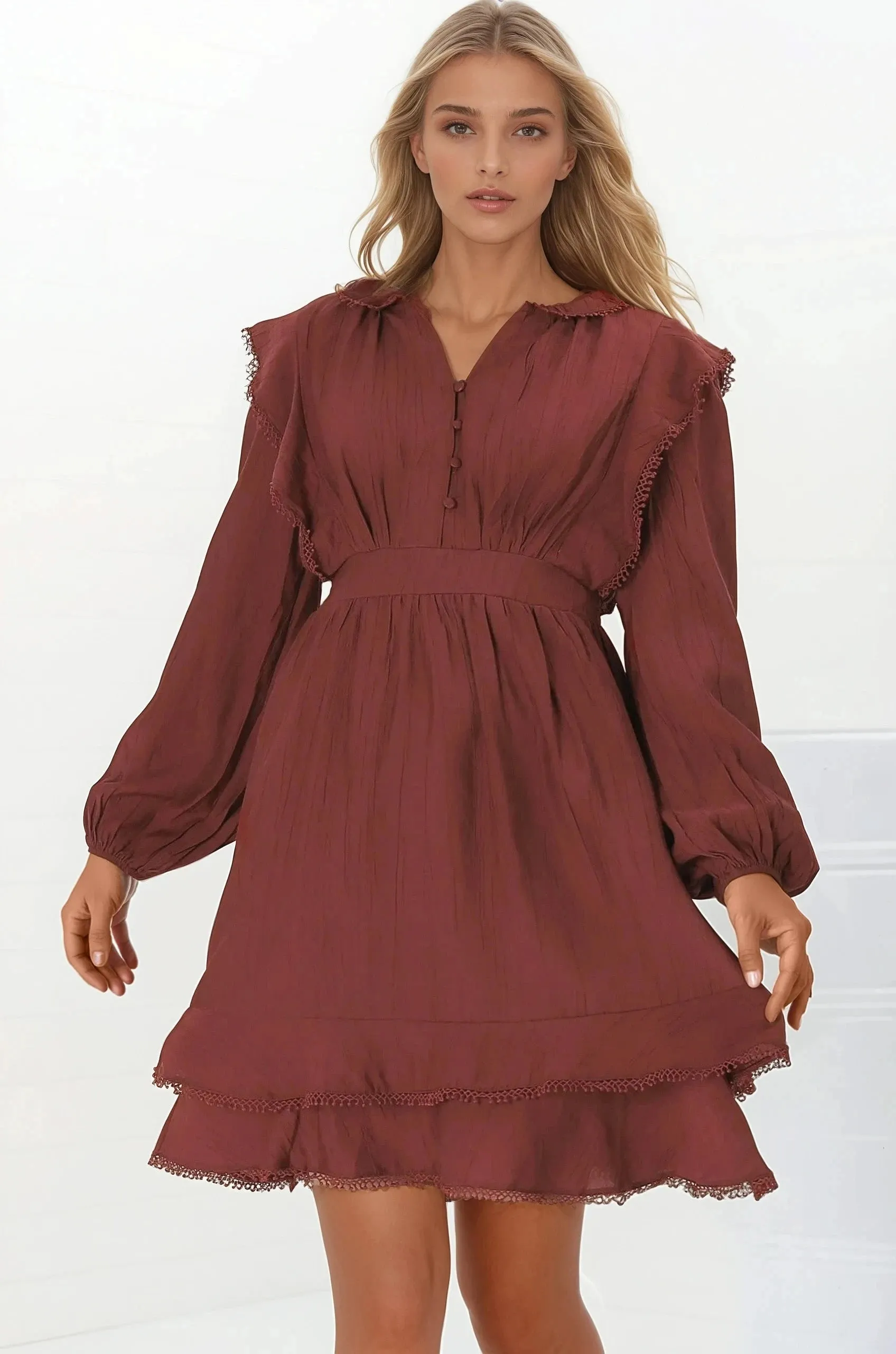 Ophilia Mini Dress - Frill Detailed A-Line Dress with Balloon Sleeves in Wine sold by Salty Crush product image thumbnail 4
