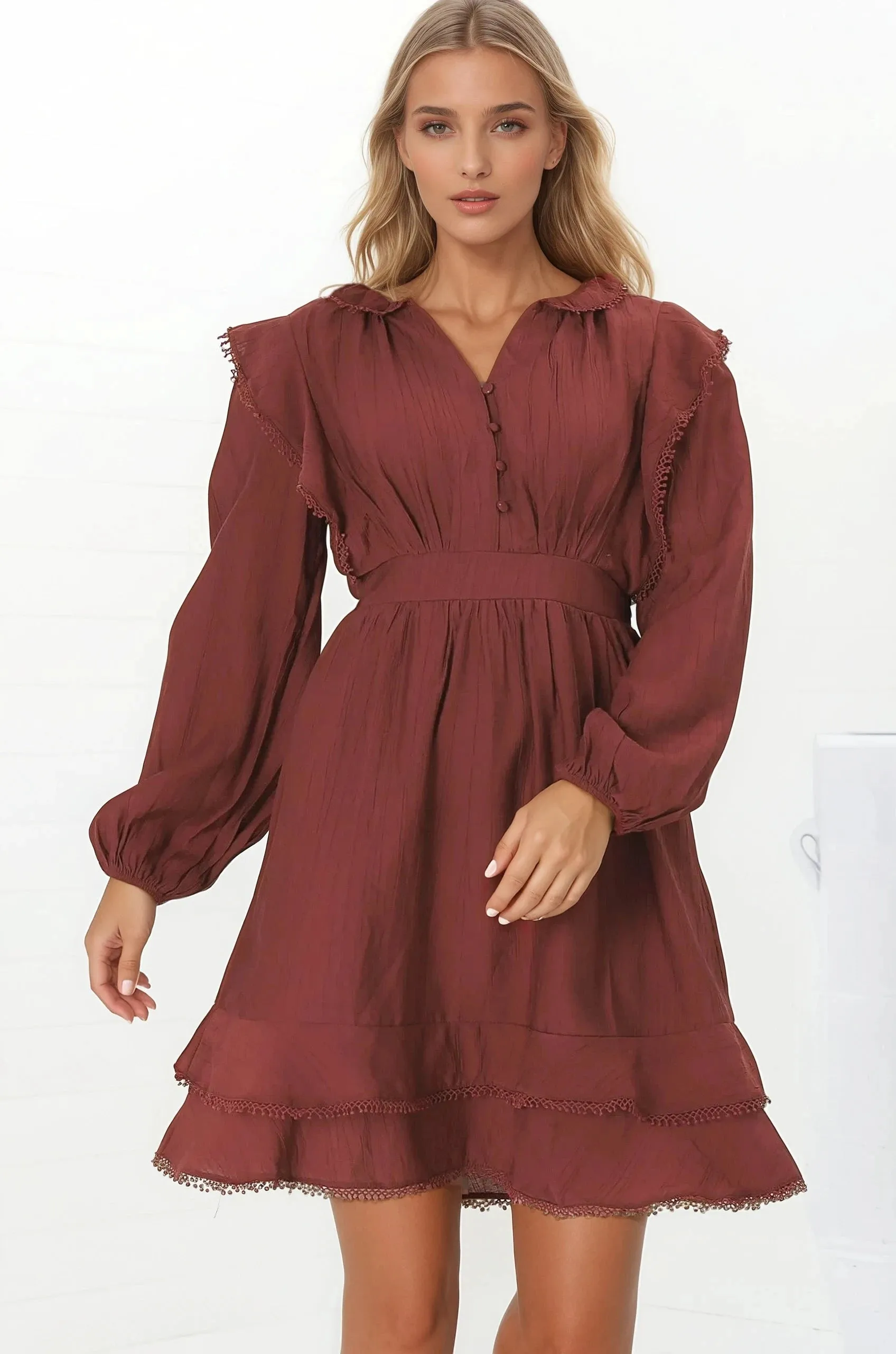 Ophilia Mini Dress - Frill Detailed A-Line Dress with Balloon Sleeves in Wine sold by Salty Crush product image thumbnail 2