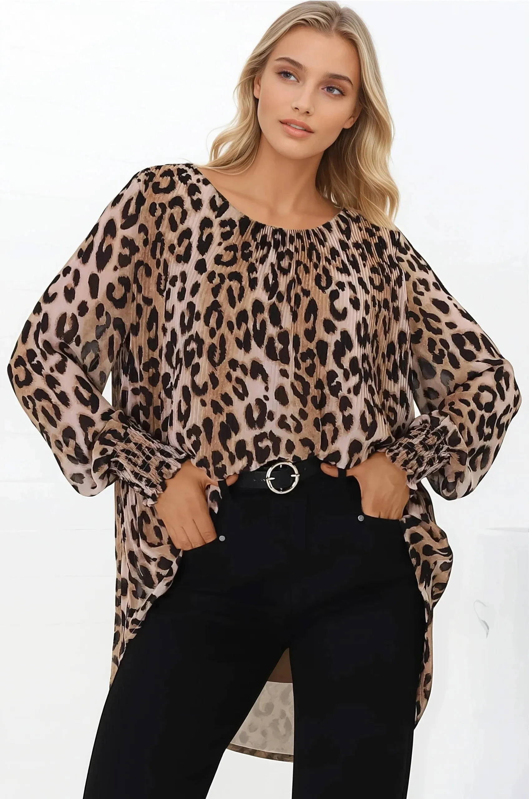 Kayt Blouse - Plisse Long Sleeve Top with High-Low Hemline in Leopard Print sold by Salty Crush