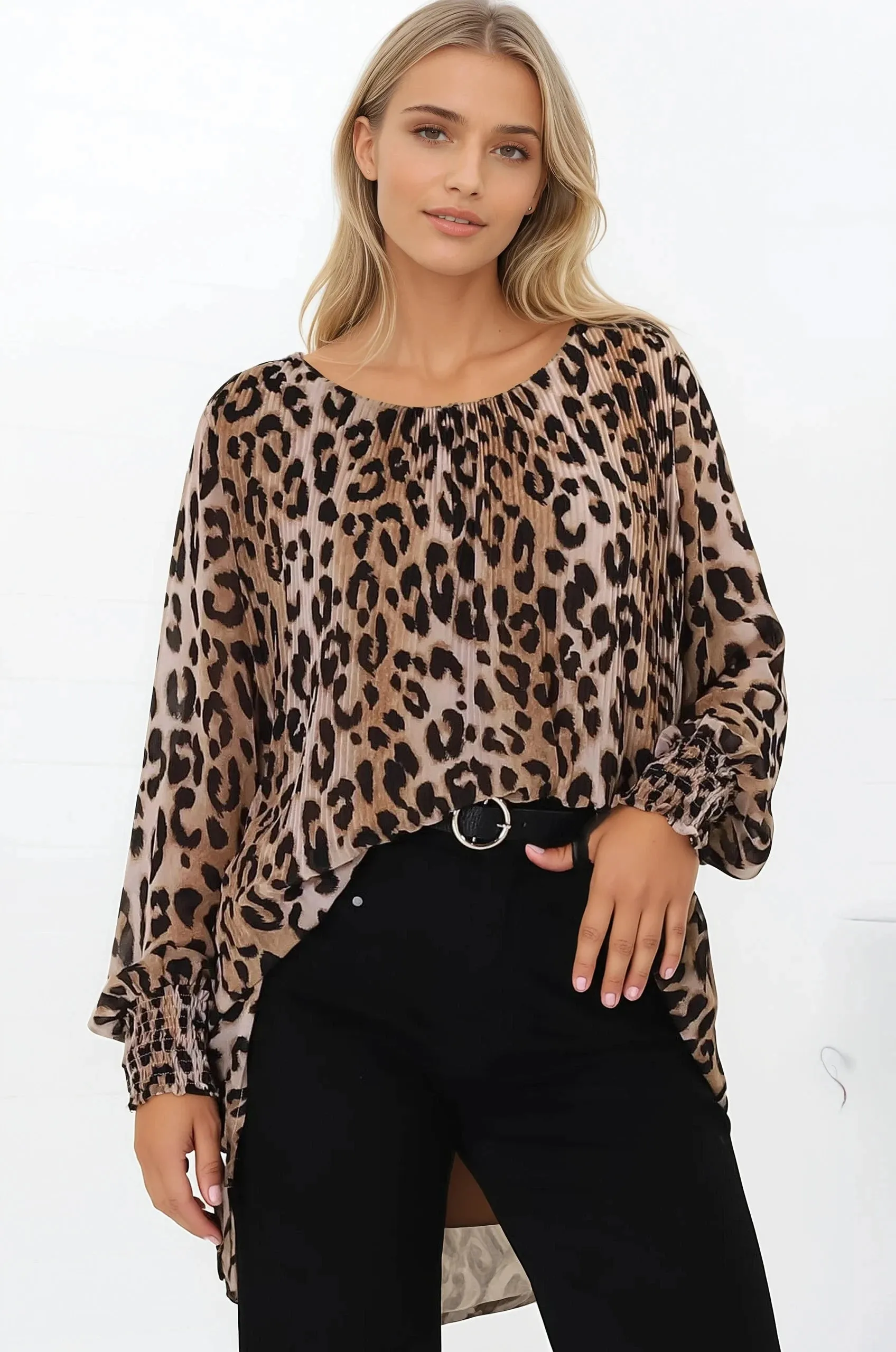 Kayt Blouse - Plisse Long Sleeve Top with High-Low Hemline in Leopard Print sold by Salty Crush product image thumbnail 4