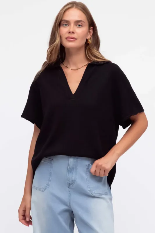 Hayes Knit Top - Relaxed Collared V Neck Knit Top in Black sold by Salty Crush