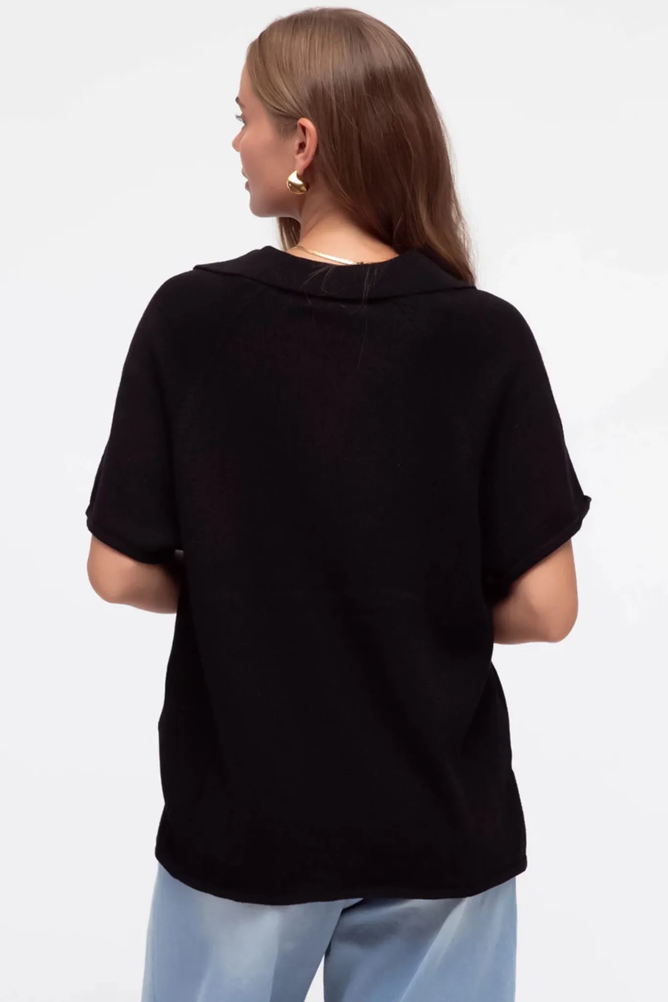 Hayes Knit Top - Relaxed Collared V Neck Knit Top in Black sold by Salty Crush product image thumbnail 3