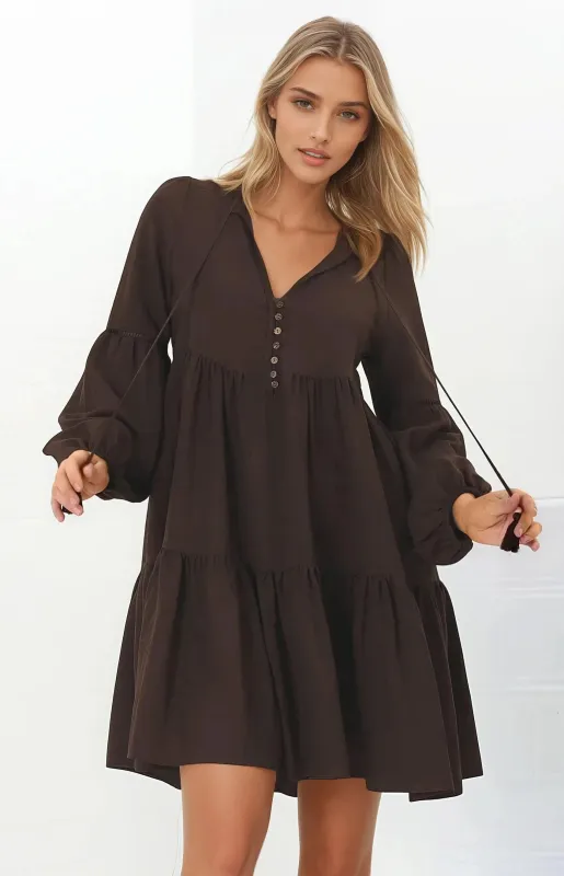 Hollis Mini Dress - Buttoned Bodice Long Sleeve Smock Dress in Brown sold by Salty Crush
