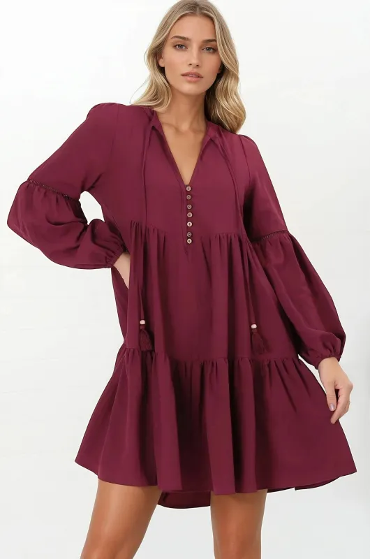 Hollis Mini Dress - Buttoned Bodice Long Sleeve Smock Dress in Wine sold by Salty Crush