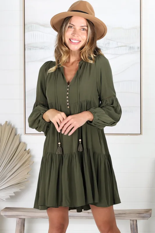 Hollis Mini Dress - Buttoned Bodice Long Sleeve Smock Dress in Khaki sold by Salty Crush