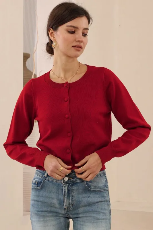 Maggie Cardigan - Button Front Crew Neck Crop Cardigan in Red sold by Salty Crush
