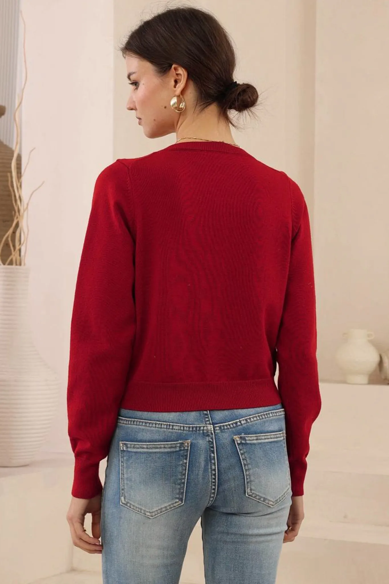 Maggie Cardigan - Button Front Crew Neck Crop Cardigan in Red sold by Salty Crush product image thumbnail 4