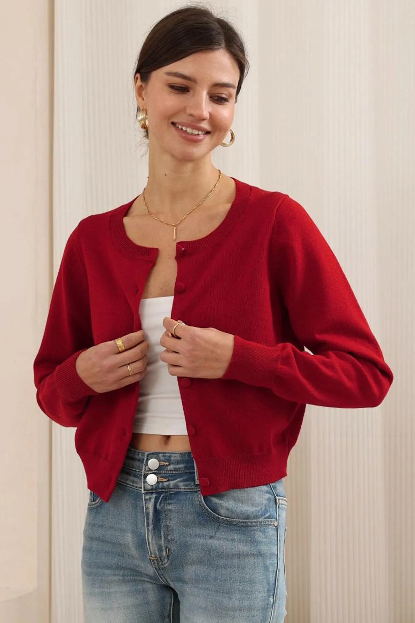 Maggie Cardigan - Button Front Crew Neck Crop Cardigan in Red sold by Salty Crush product image thumbnail 2