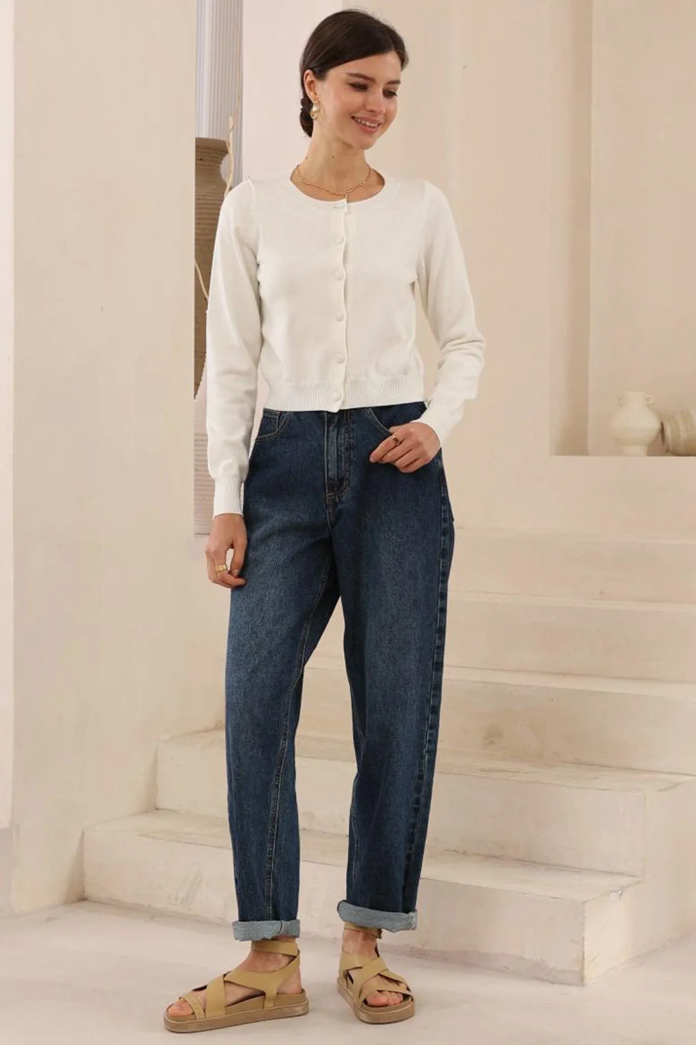 Maggie Cardigan - Button Front Crew Neck Crop Cardigan in White sold by Salty Crush product image thumbnail 2