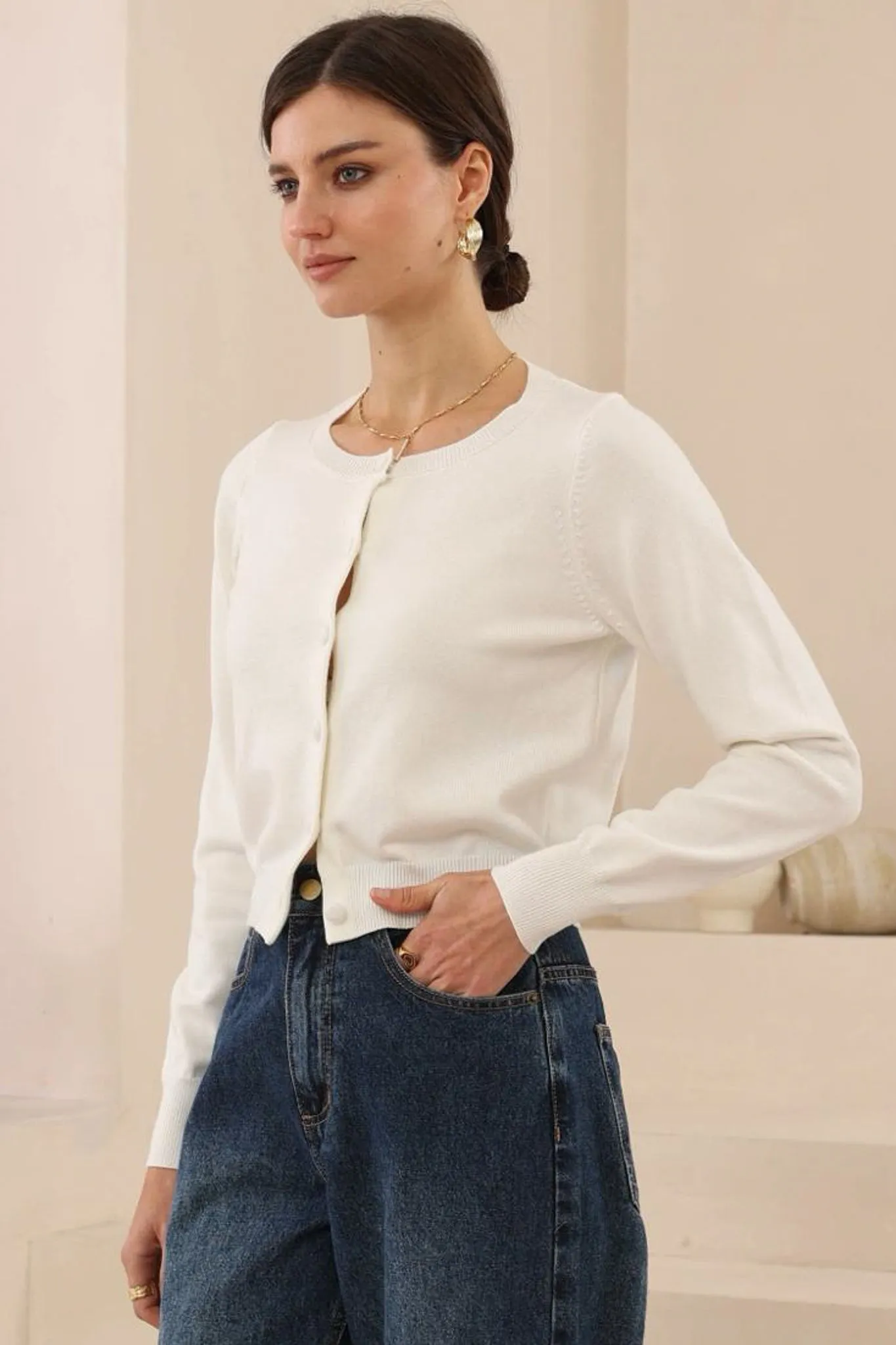 Maggie Cardigan - Button Front Crew Neck Crop Cardigan in White sold by Salty Crush product image thumbnail 3