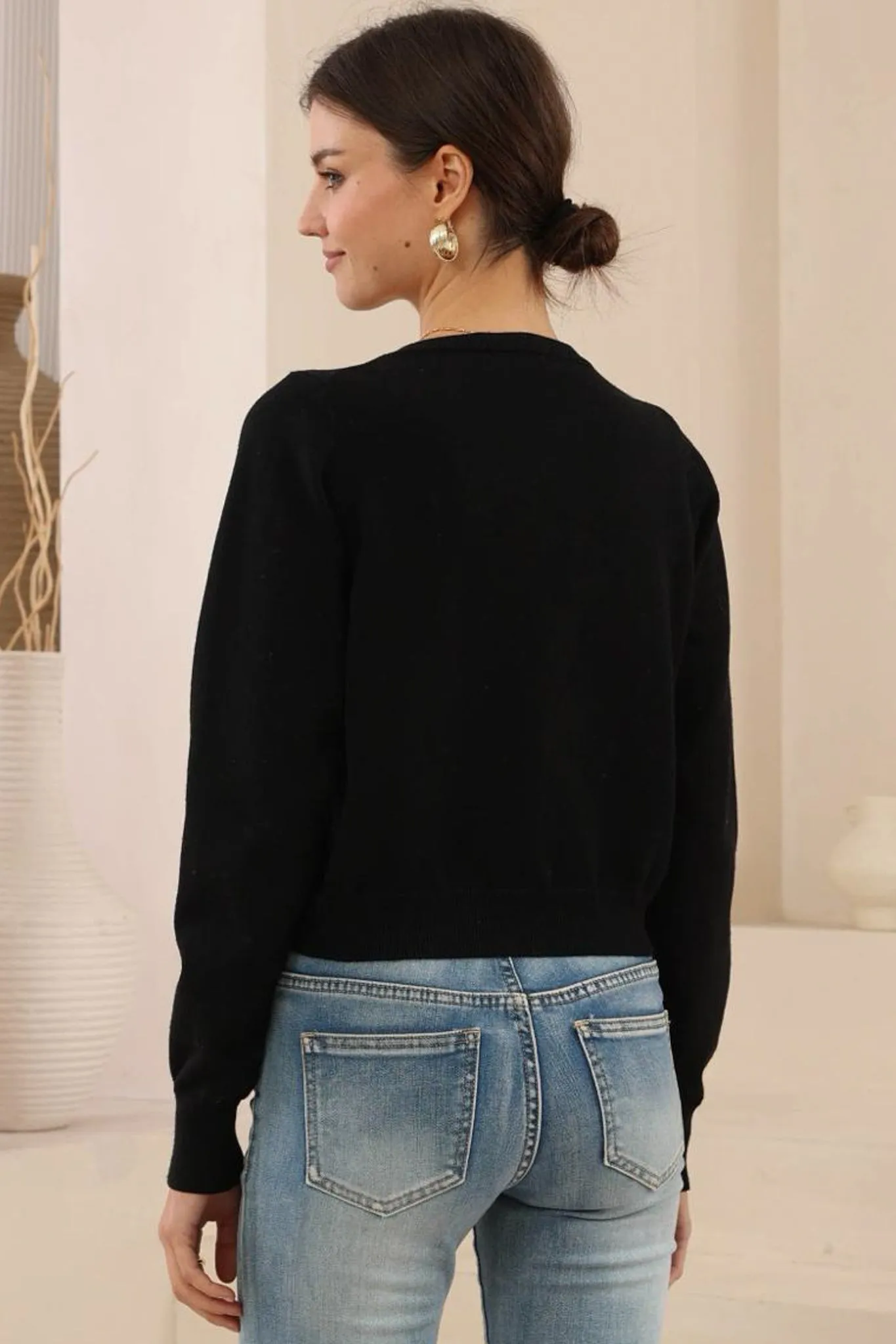 Maggie Cardigan - Button Front Crew Neck Crop Cardigan in Black sold by Salty Crush product image thumbnail 3
