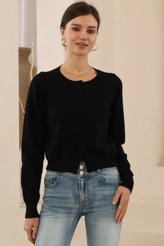 Maggie Cardigan - Button Front Crew Neck Crop Cardigan in Black sold by Salty Crush