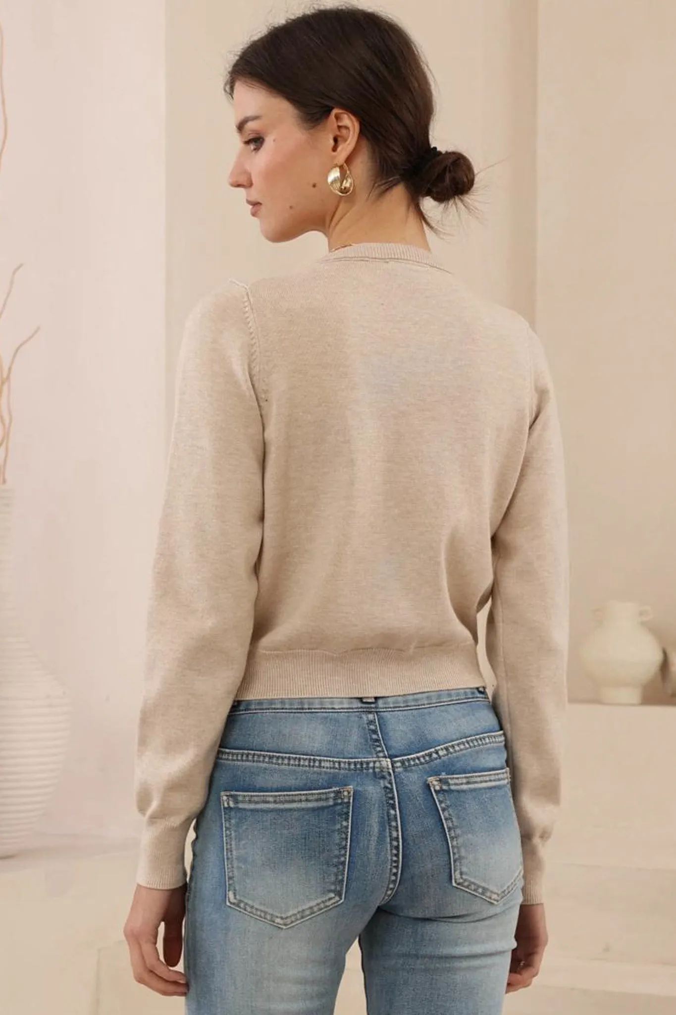 Maggie Cardigan - Button Front Crew Neck Crop Cardigan in Beige sold by Salty Crush product image thumbnail 3