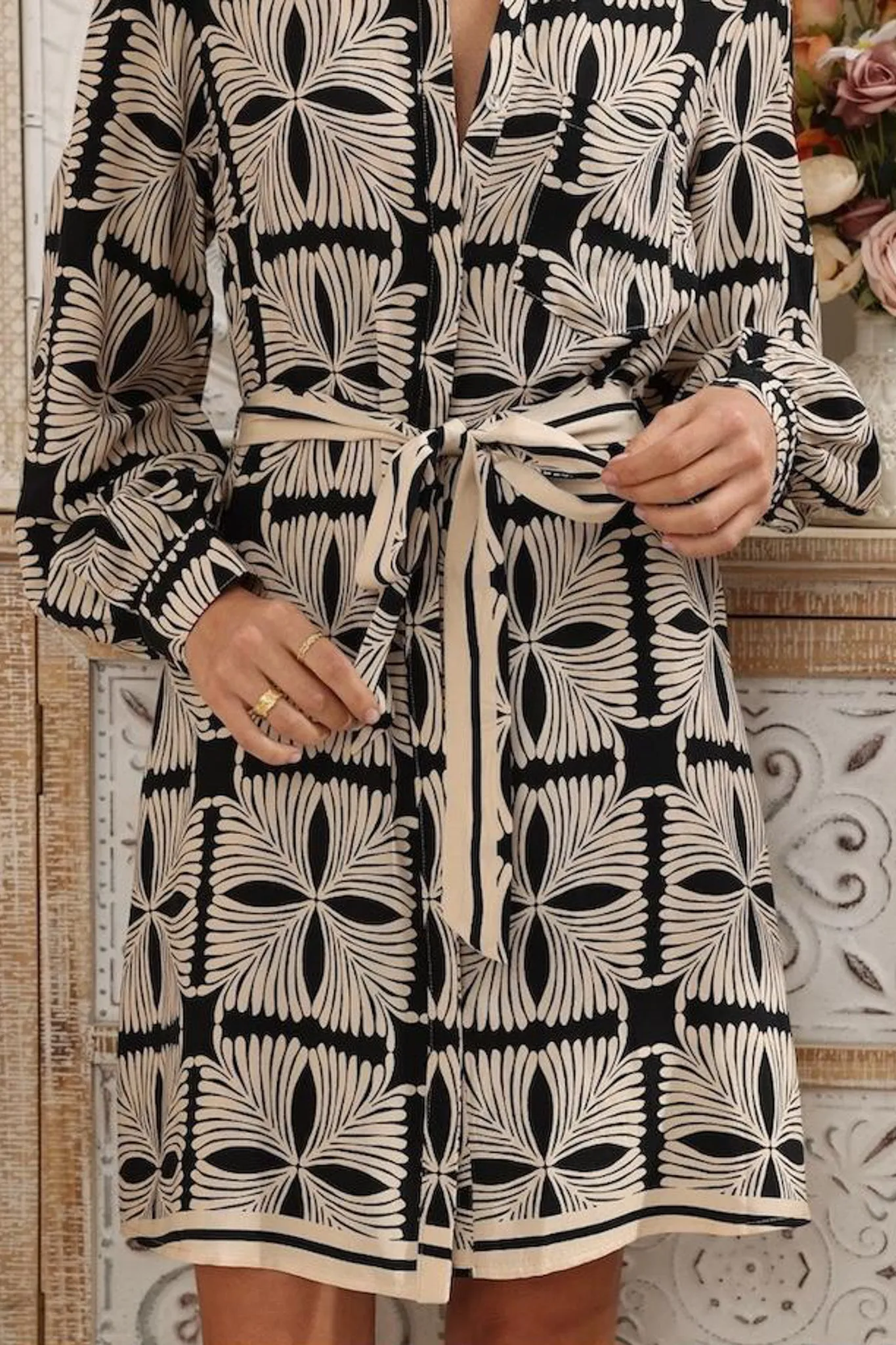 Ruby Mini Dress - Collared Shirt Balloon Sleeve Dress with Matching Belt in Carter Print sold by Salty Crush product image thumbnail 4