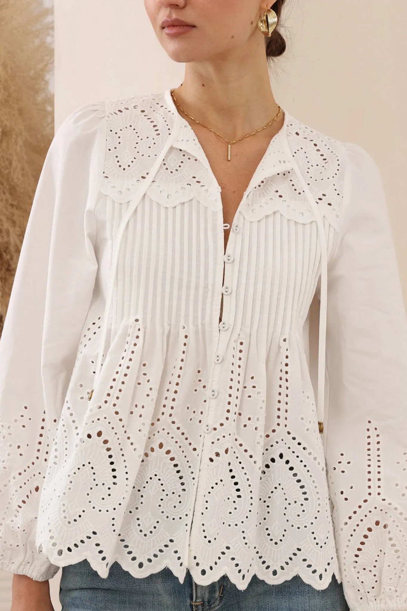 Essie Top - Long Sleeve Cotton Eyelet Detailed Scallop Hem Top in White sold by Salty Crush product image thumbnail 2