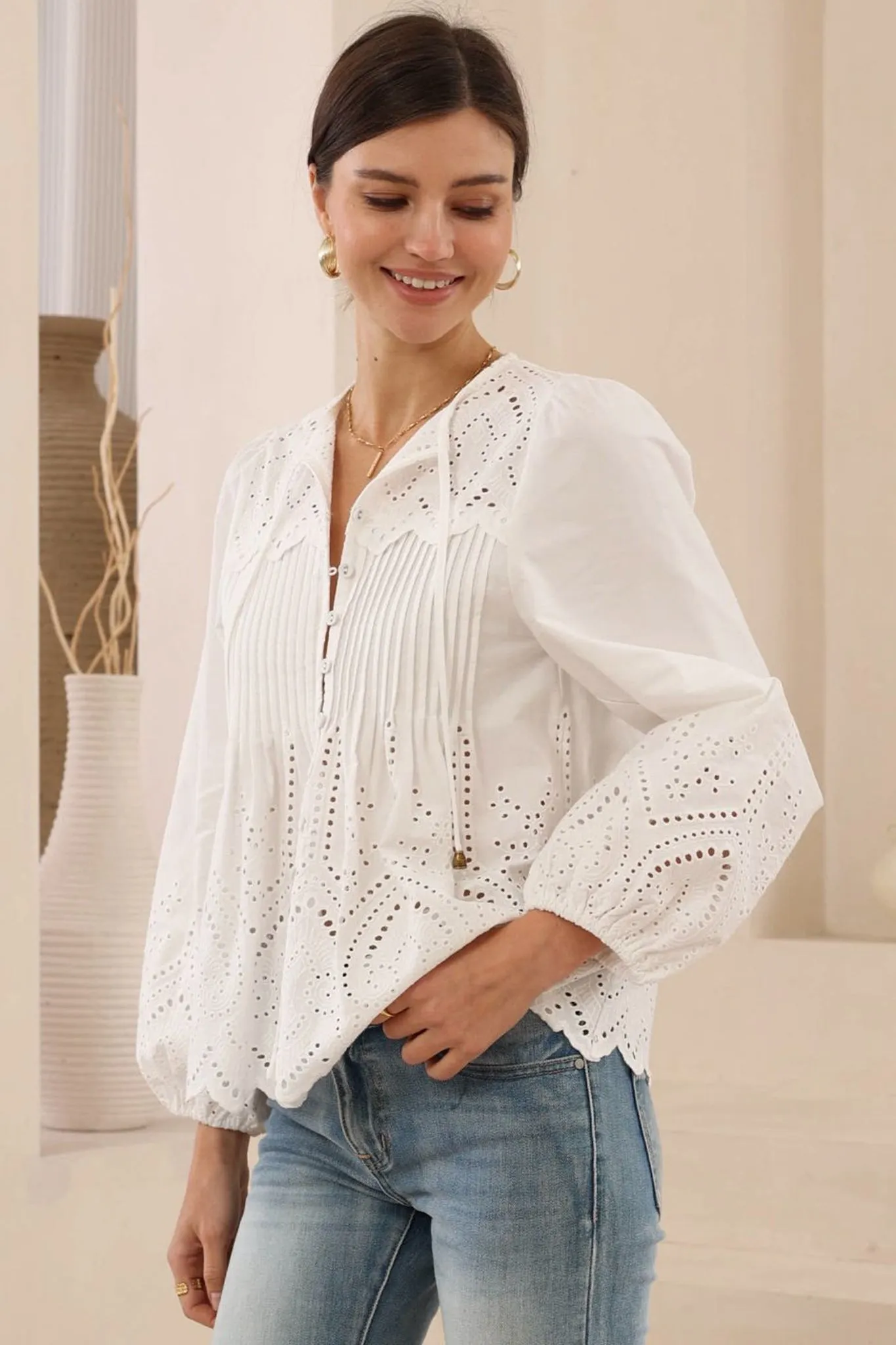 Essie Top - Long Sleeve Cotton Eyelet Detailed Scallop Hem Top in White sold by Salty Crush product image thumbnail 4