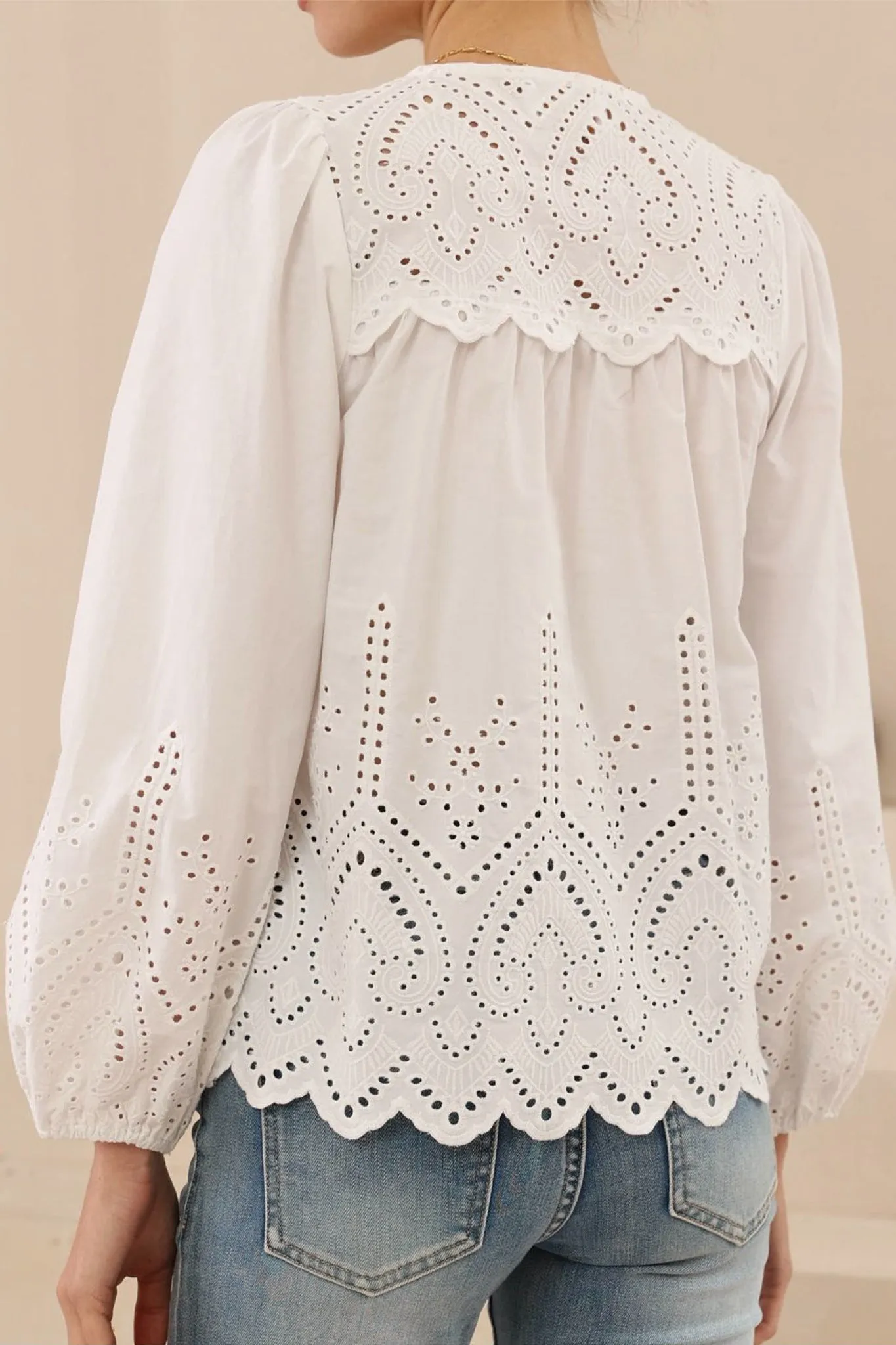 Essie Top - Long Sleeve Cotton Eyelet Detailed Scallop Hem Top in White sold by Salty Crush product image thumbnail 5