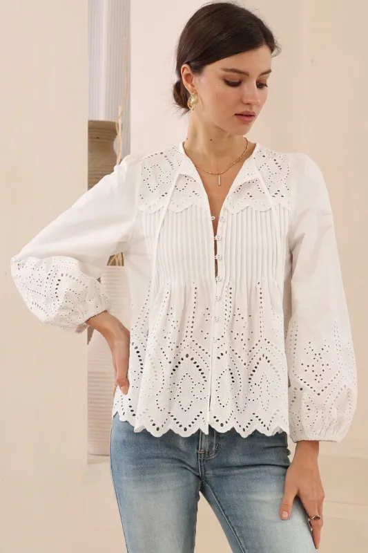 Essie Top - Long Sleeve Cotton Eyelet Detailed Scallop Hem Top in White sold by Salty Crush
