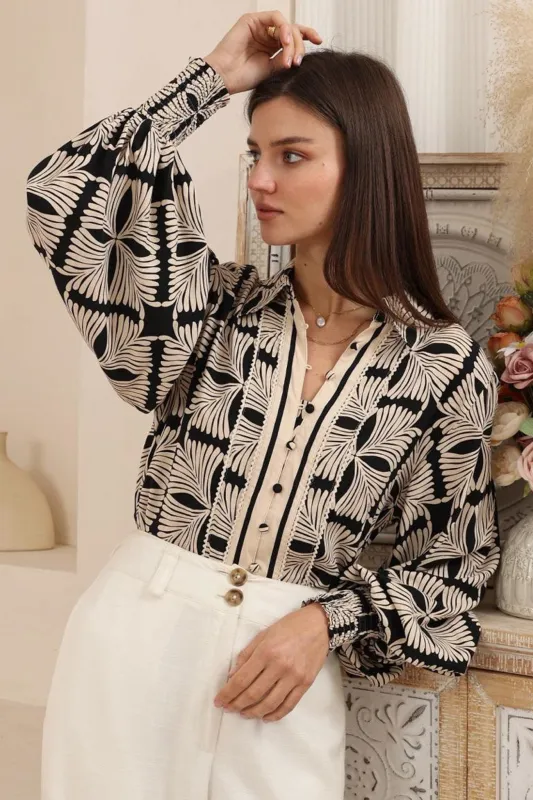 Aralyn Blouse - Balloon Sleeve Button Down Shirt in Carter Print sold by Salty Crush