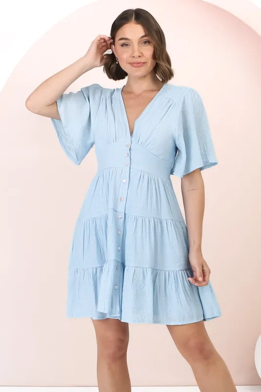 Aalia Mini Dress - Short Cape Sleeve Button Down V-Neck Dress sold by Salty Crush