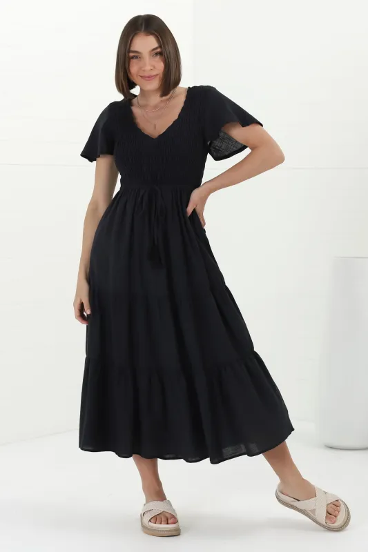 Alyse Midi Dress - Shirred Bodice Cap Sleeve Dress with Pull Tie Waist sold by Salty Crush