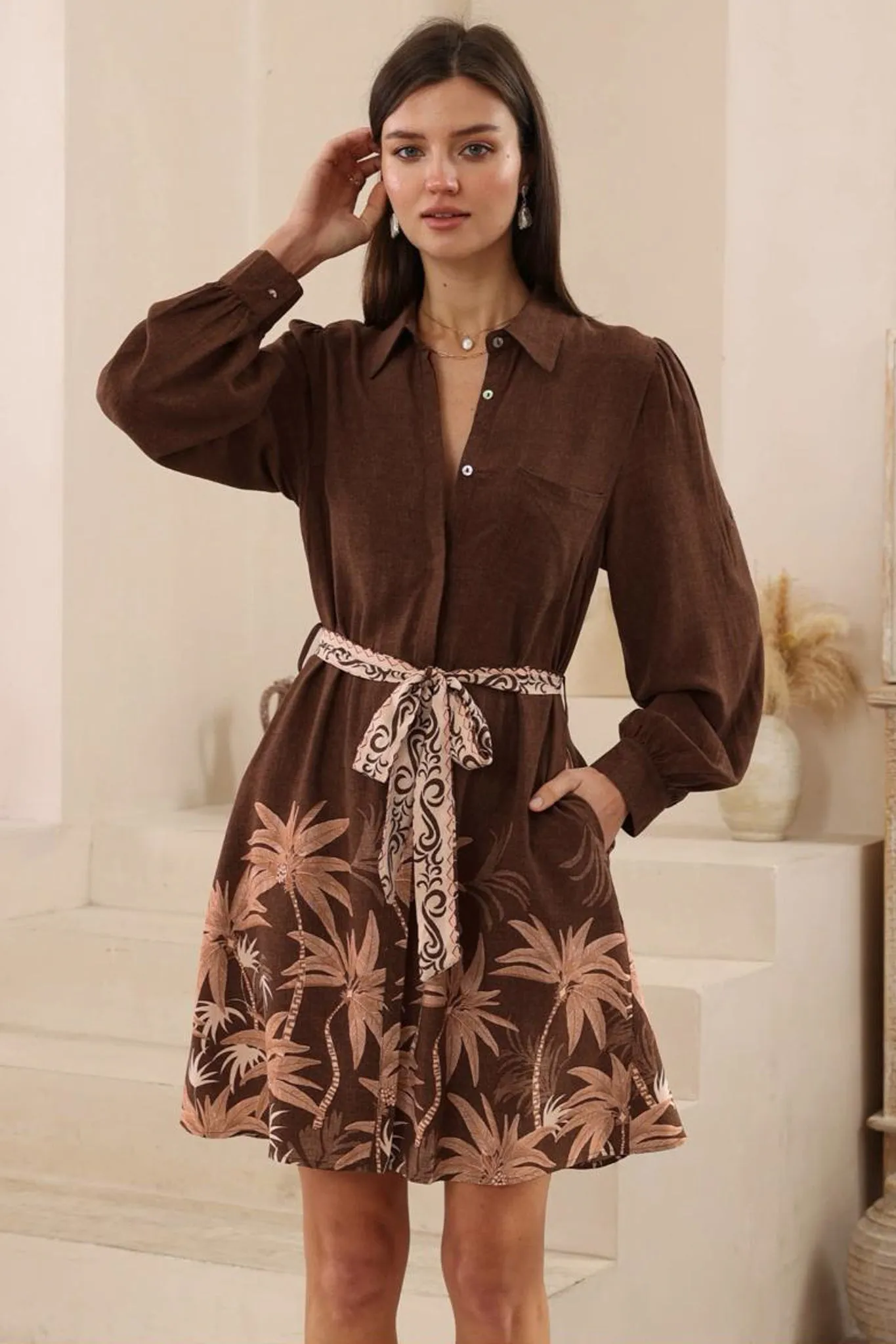 Ruby Mini Dress - Collared Shirt Balloon Sleeve Dress with Matching Belt in Heidi Print sold by Salty Crush product image thumbnail 2