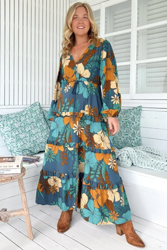 Luciana Maxi Dress - Pull Tie Waist Tiered Dress with Frill Splicing in Stevie Print sold by Salty Crush