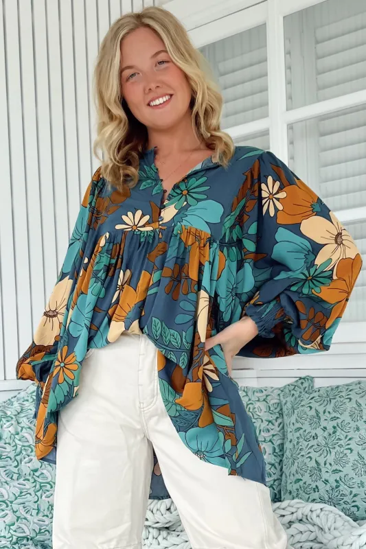 Paloma Blouse - V Neckline Smock Top with Billowy Sleeves in Stevie Print sold by Salty Crush