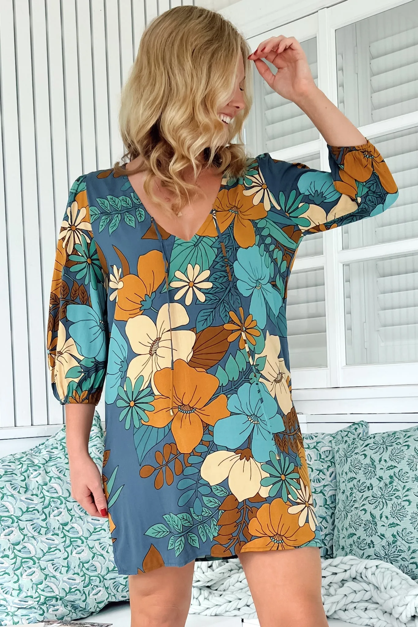 Lake Mini Dress - V Neck Shift Dress With Balloon Sleeves in Stevie Print sold by Salty Crush product image thumbnail 4