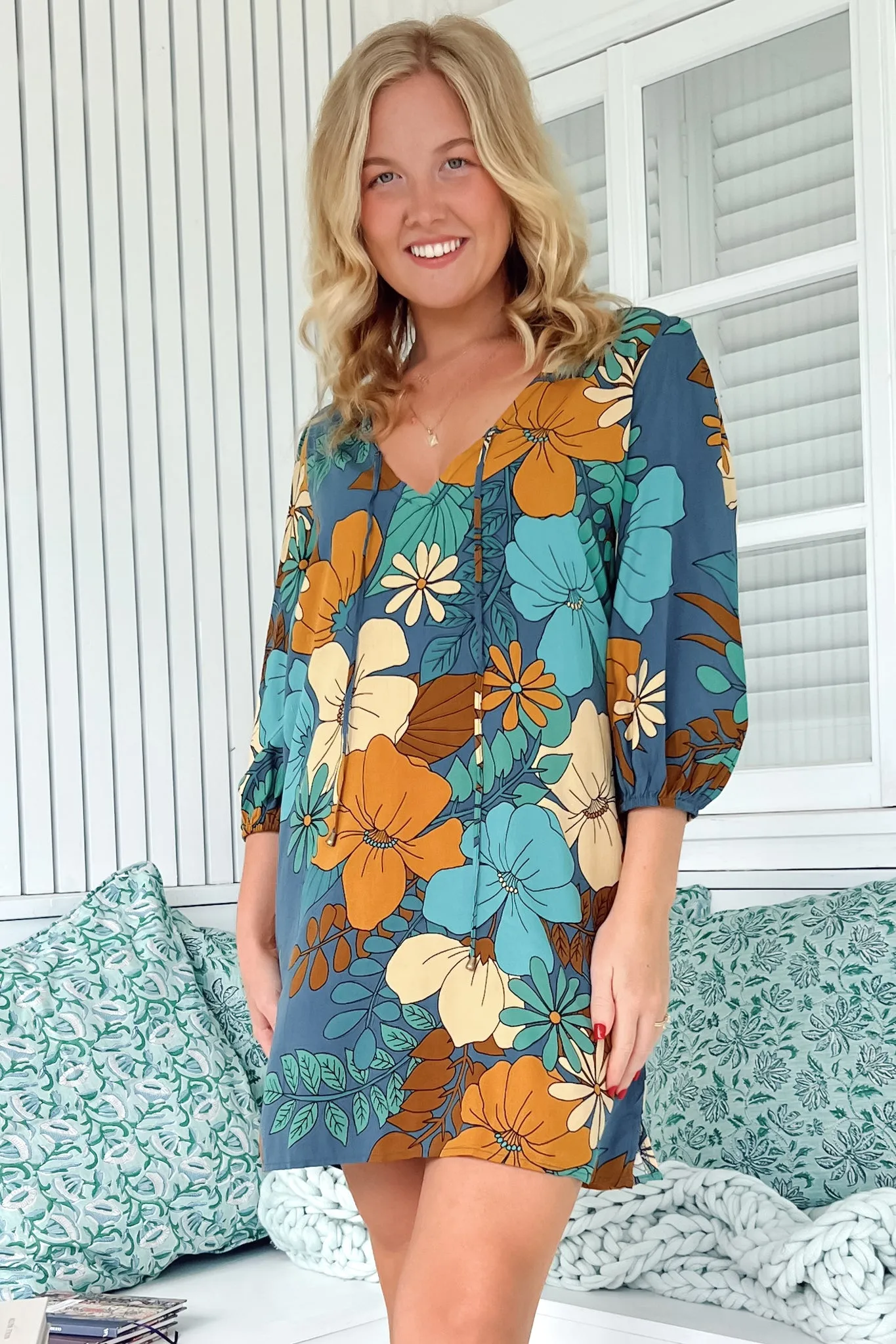 Lake Mini Dress - V Neck Shift Dress With Balloon Sleeves in Stevie Print sold by Salty Crush product image thumbnail 3