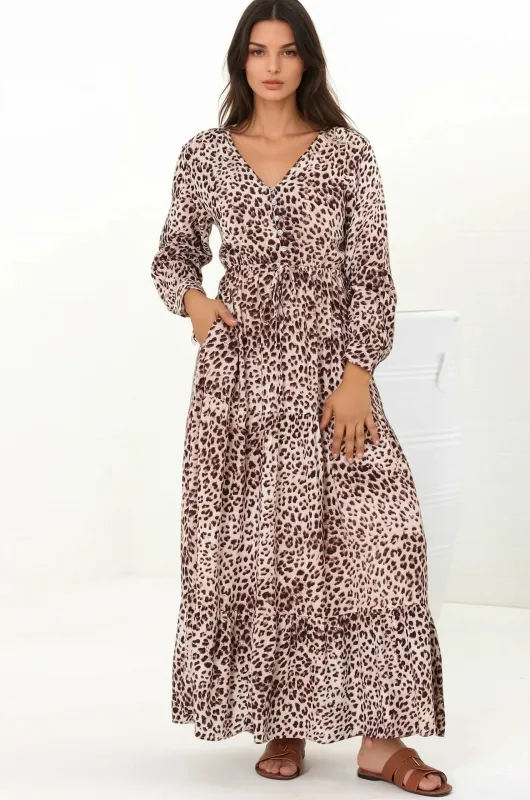 Seara Maxi Dress - Button Down Bodice Tiered A-Line Dress in Tatum Print sold by Salty Crush