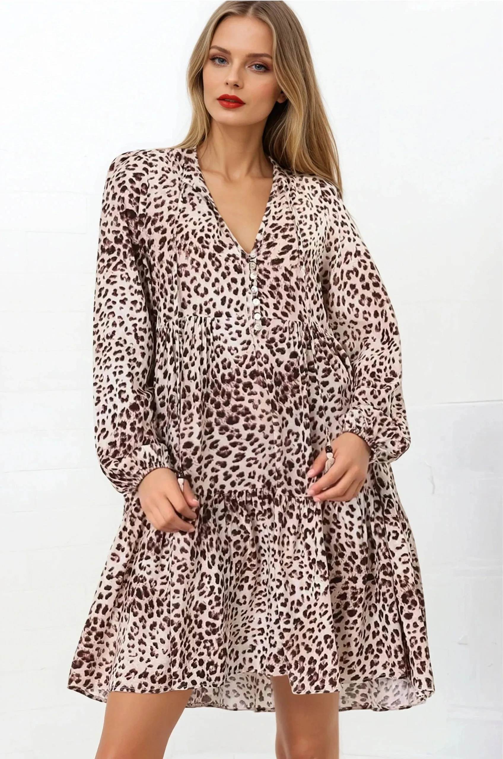 Taylor Mini Dress - Mandarin Collar Balloon Sleeve Smock Dress in Tatum Print sold by Salty Crush