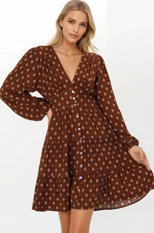 Soho Mini Dress - A Line Button Down Tiered Dress in Kendy Print sold by Salty Crush